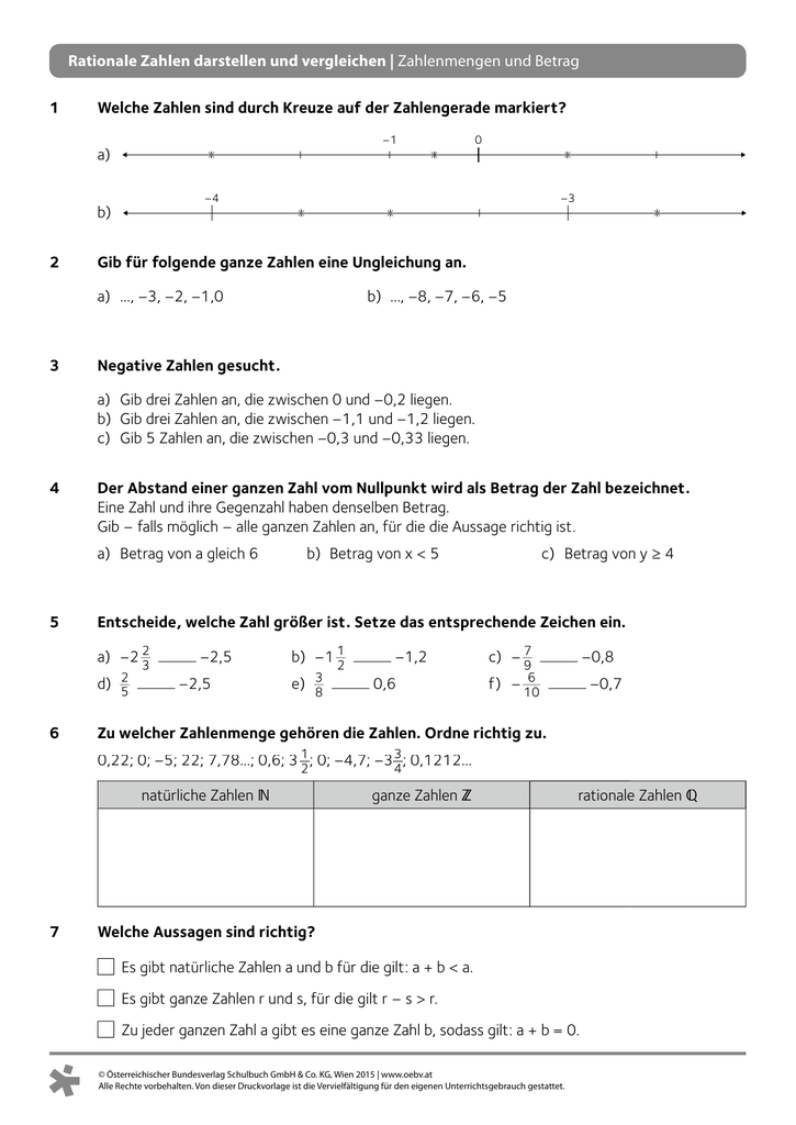 Rationale Zahlen übungen Zum Ausdrucken