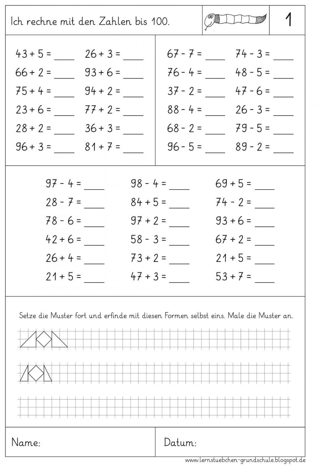 Mathematik übungen 1.klasse Zum Ausdrucken