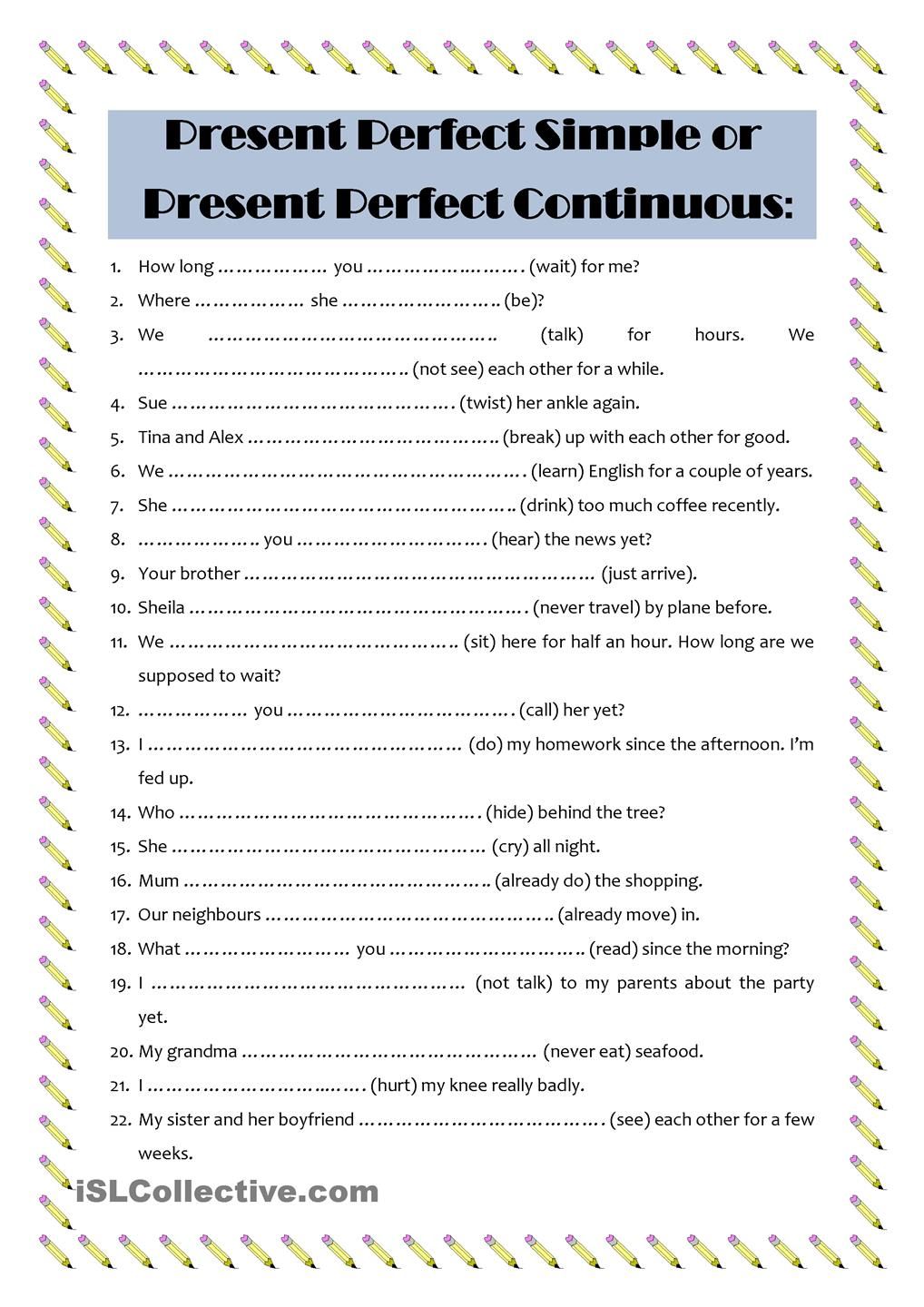 Present Perfect Continuous übungen Zum Ausdrucken