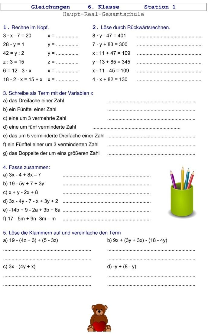 Mathe übungen Gleichungen Ausdrucken