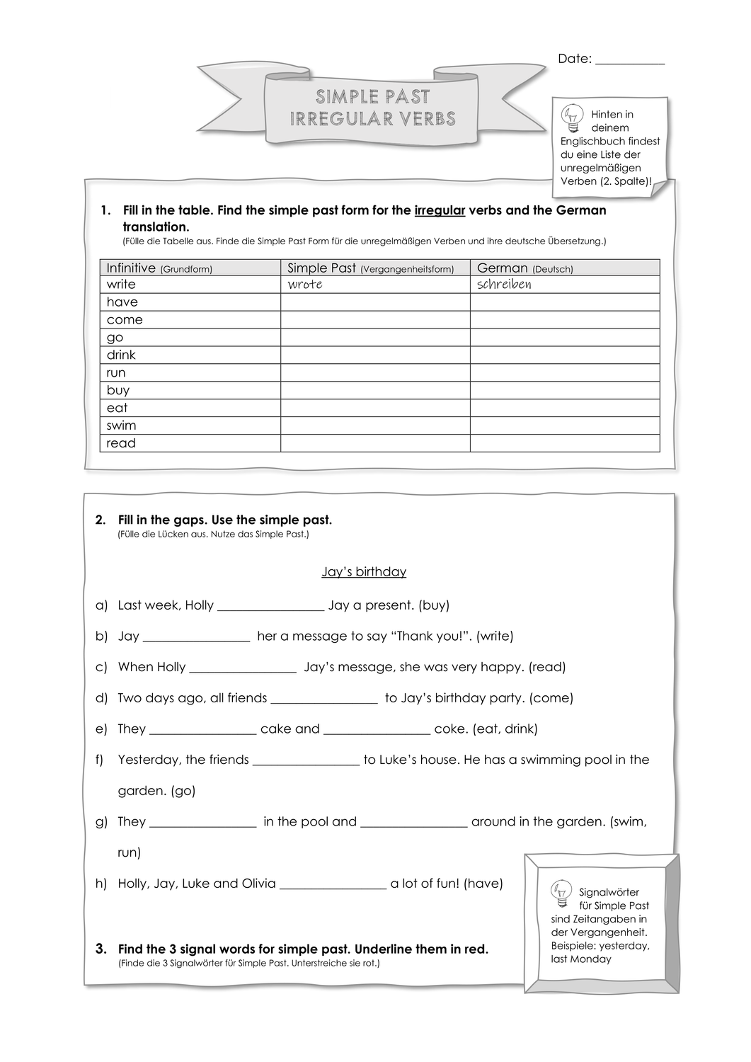 Simple Past Irregular Verbs Englisch übungen Zum Ausdrucken