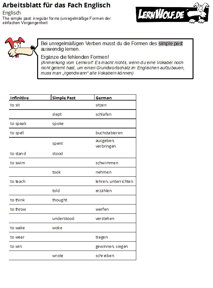 Englisch übungen Klasse 5 Simple Past Zum Ausdrucken