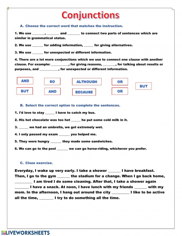 Conjunctions übungen Zum Ausdrucken