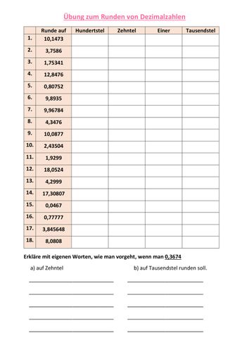 Dezimalzahlen übungen Zum Ausdrucken