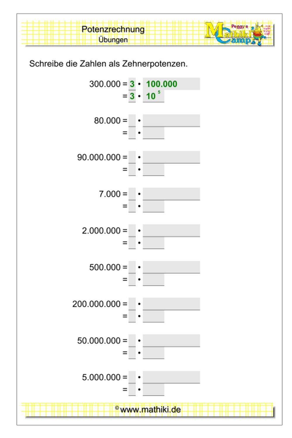 Mathe Zehnerpotenzen übungen Ausdrucken