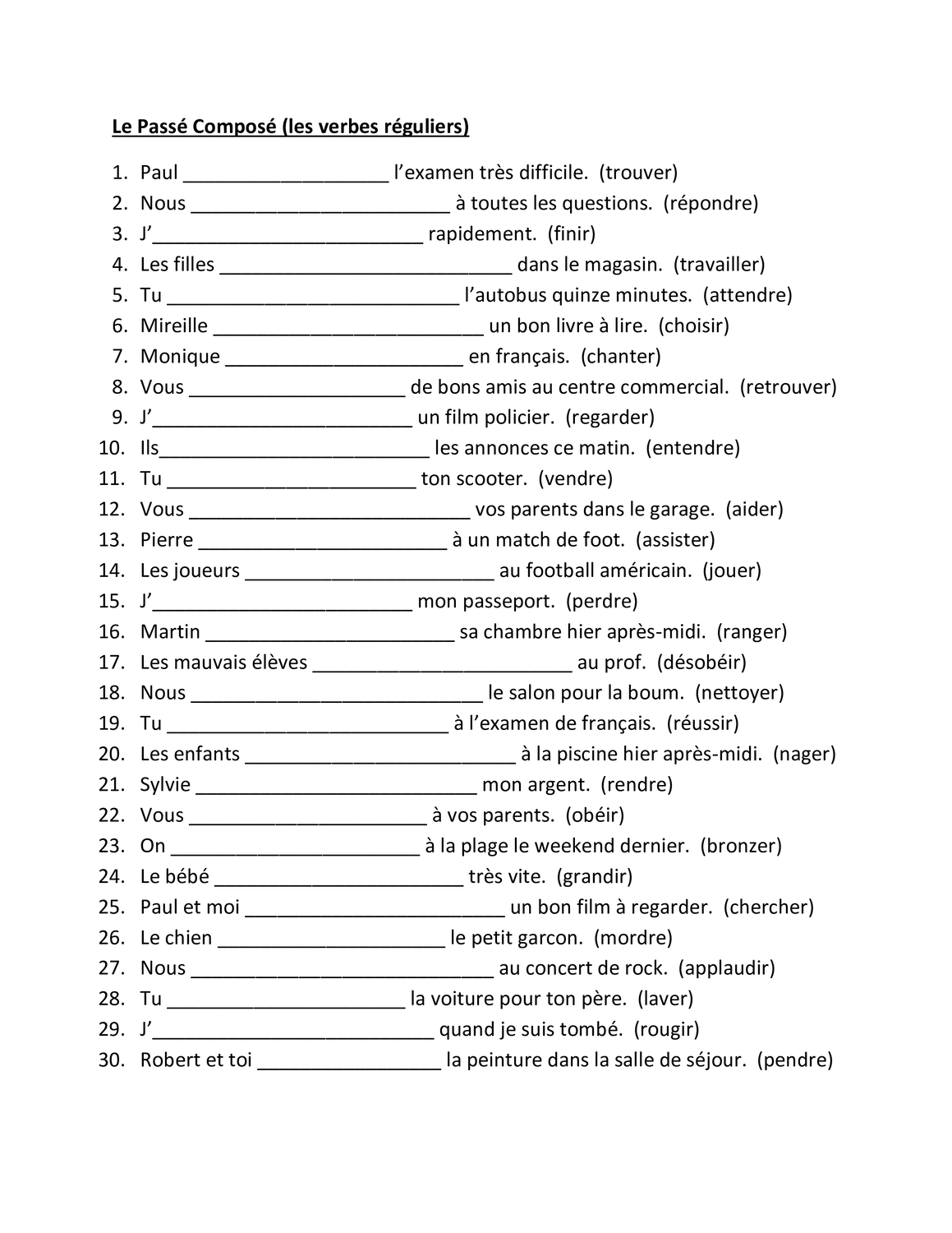 Passé Composé Mit Avoir Und Etre übungen Ausdrucken