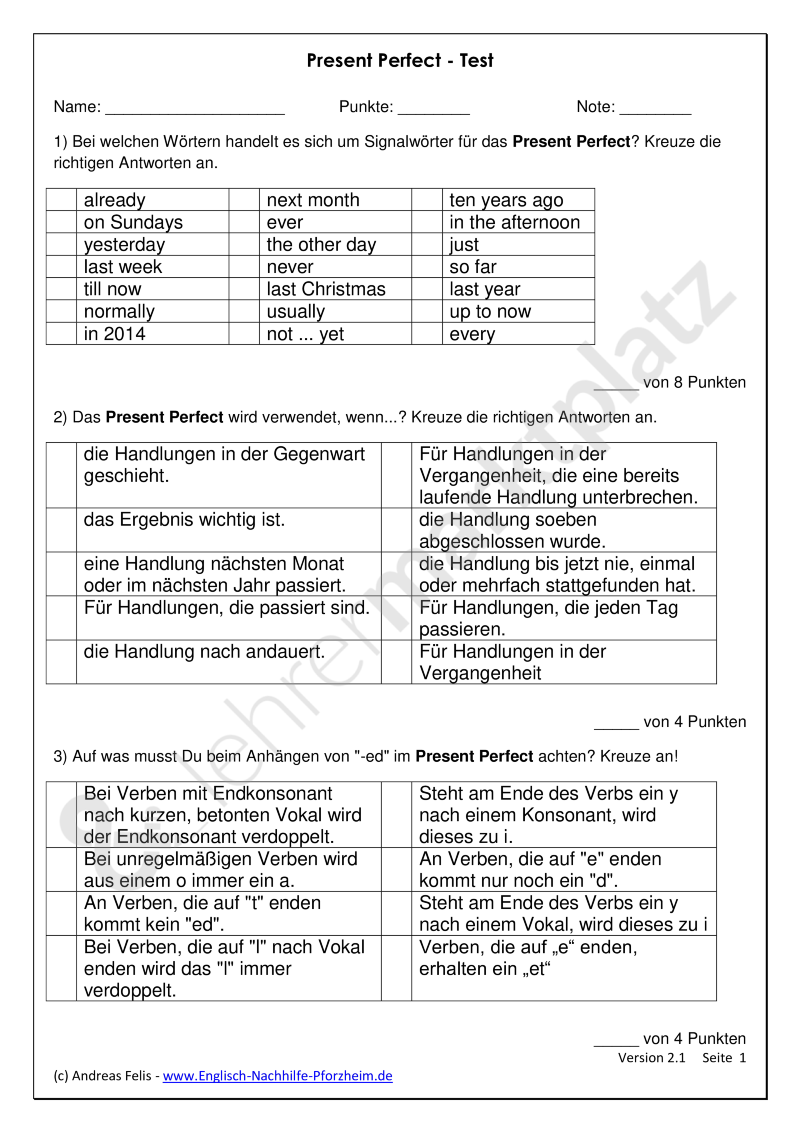 Present Perfect Simple übungen Mit Lösungen Zum Ausdrucken