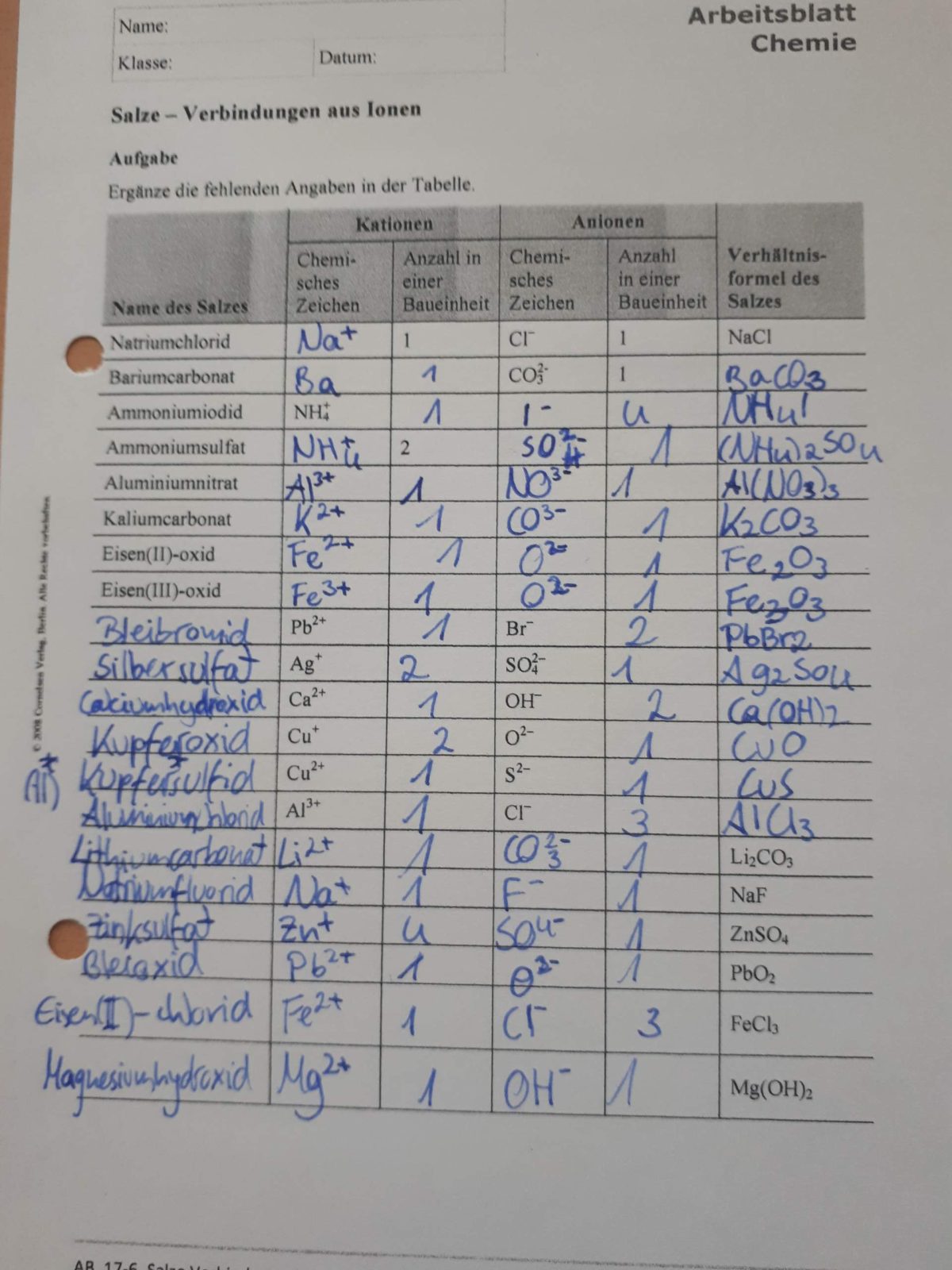 Chemie 8 Klasse übungen Zum Ausdrucken