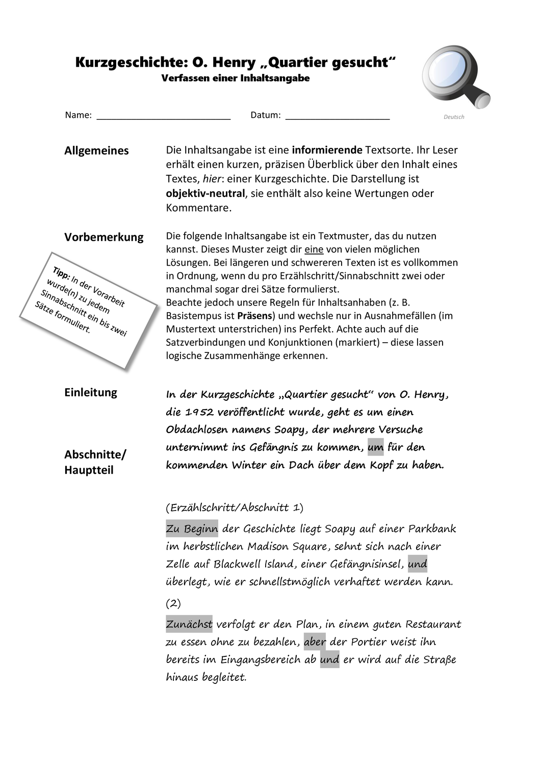 Einfache Texte Inhaltsangabe übungen Zum Ausdrucken