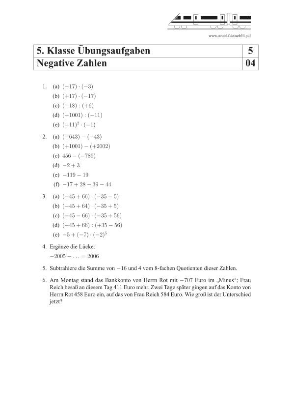Negative Zahlen übungen Zum Ausdrucken