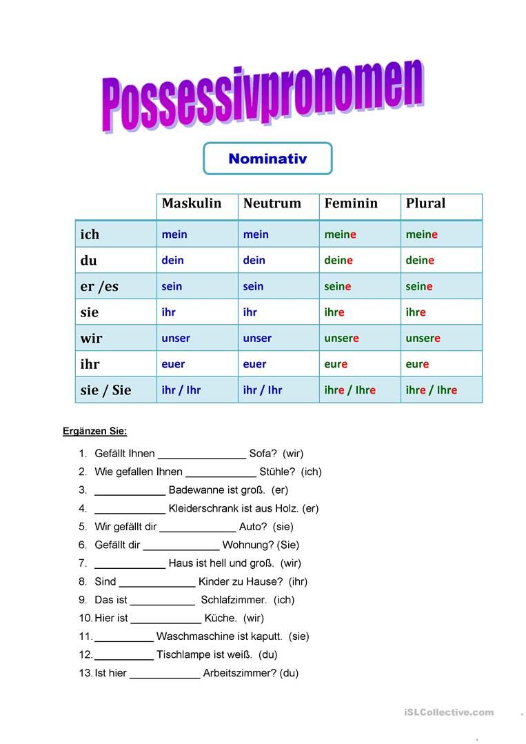 Possessive Pronouns Attribut übungen Zum Ausdrucken