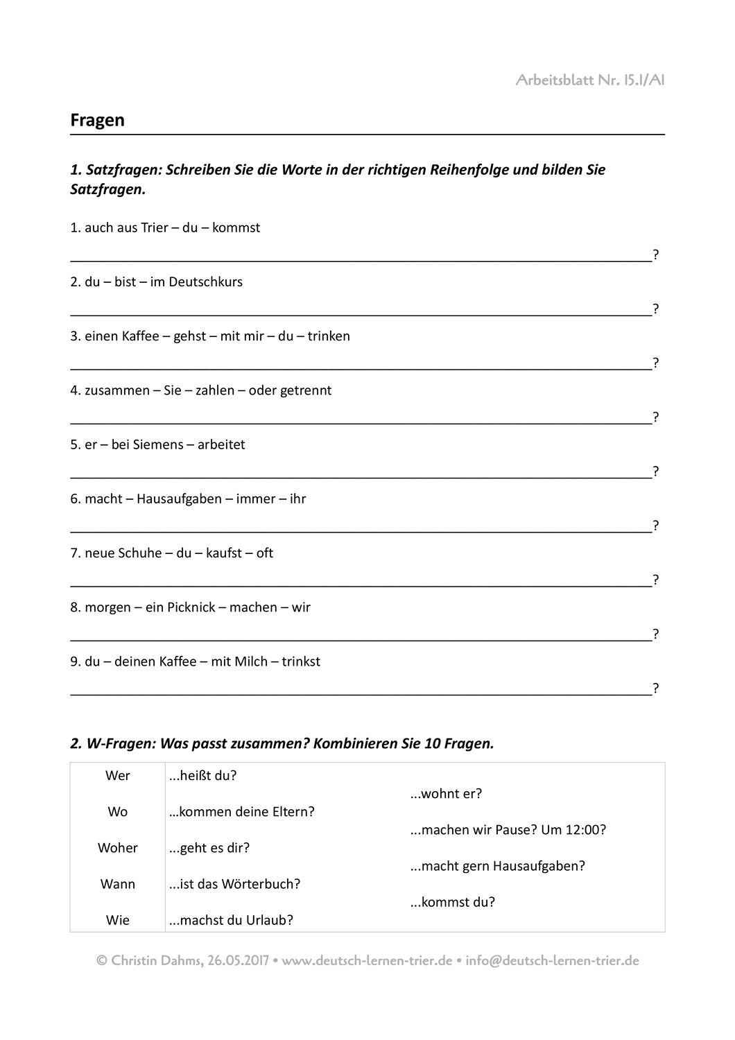 W-fragen Englisch 5.klasse übungen Zum Ausdrucken