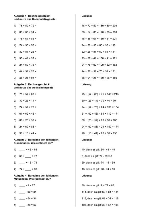 übungen Zum Kommutativgesetz Kostenlos Ausdrucken