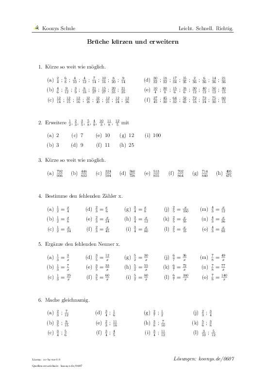 Brüche 6 Klasse übungen Mit Lösungen Zum Ausdrucken