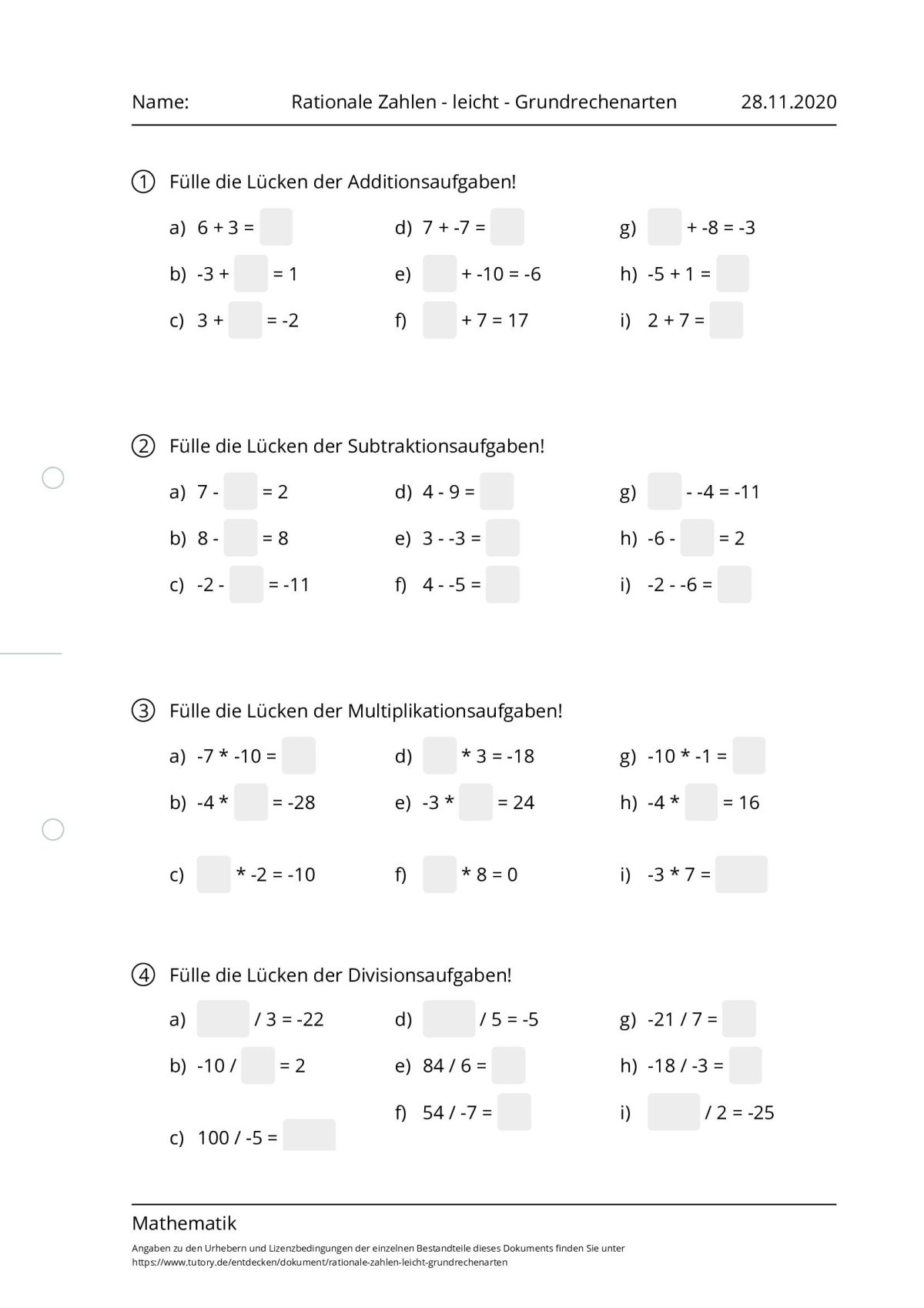 Mathe Rationale Zahlen übungen Zum Ausdrucken