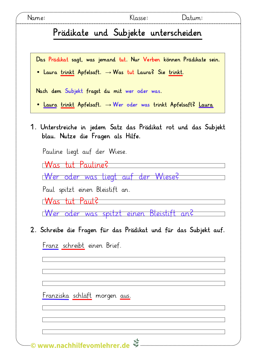 Subjekt Prädikat Objekt übungen Zum Ausdrucken