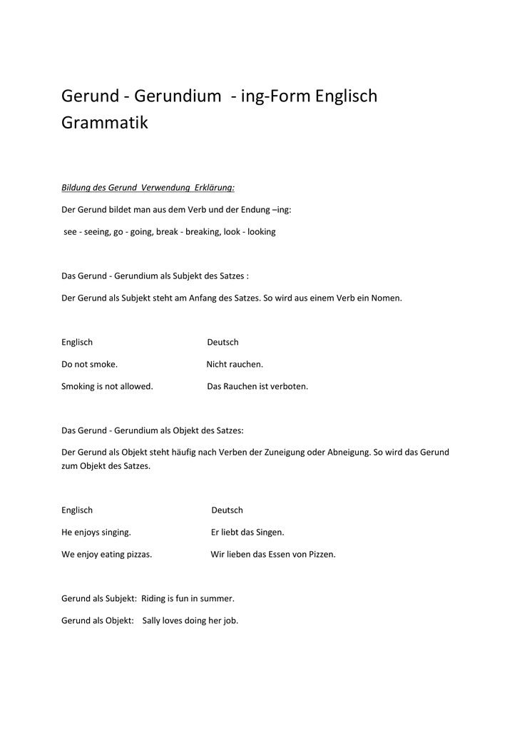 Englisch übungen Ausdrucken Gratis Gerund