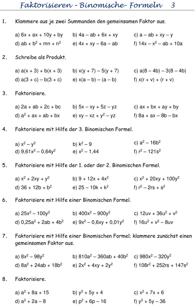 übungen Binomische Formeln Zum Ausdrucken